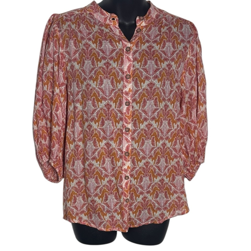 Anthropologie Maeve women’s 2 button up kalapana Tiger print Pointelle blouse
